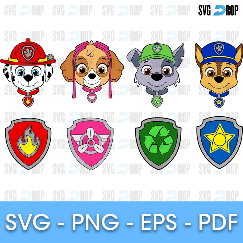 A full color Paw Patrol set with large faces of Marshall, Skye, Rocky and Chase in their hats and their matching shield badges. SVG bundle