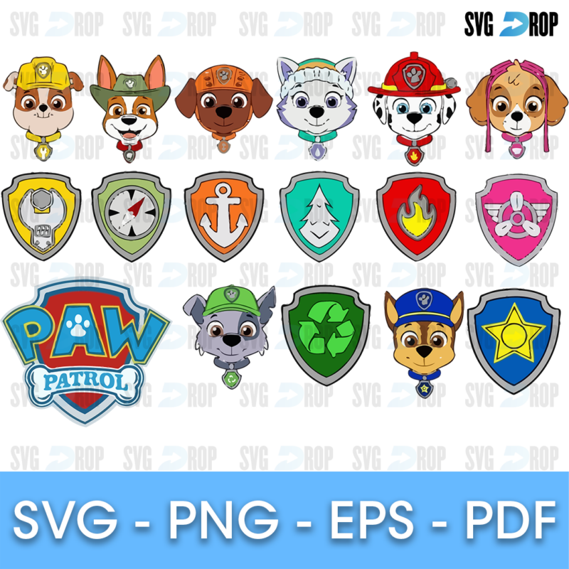 A full color Paw Patrol set: pup faces with collar tags, the pups’ shield badges with their icons and the Paw Patrol logo. SVG bundle
