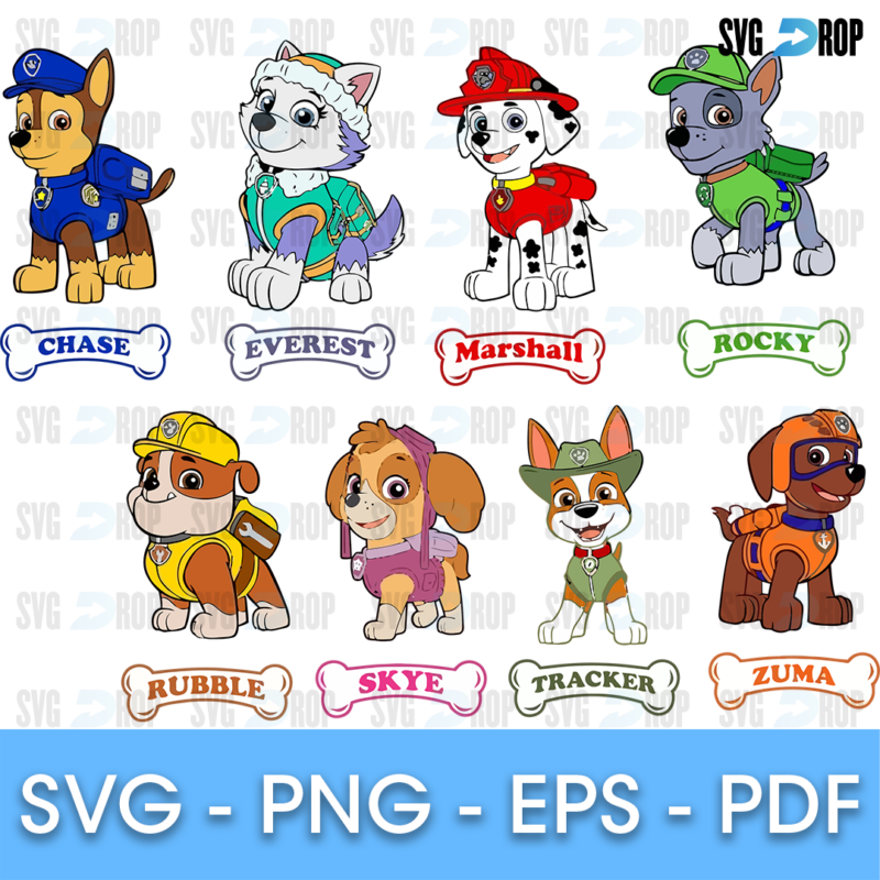 A full color Paw Patrol set: Chase, Everest, Marshall, Rocky, Rubble, Skye, Tracker and Zuma standing in uniform, each with a bone shaped. SVG bundle