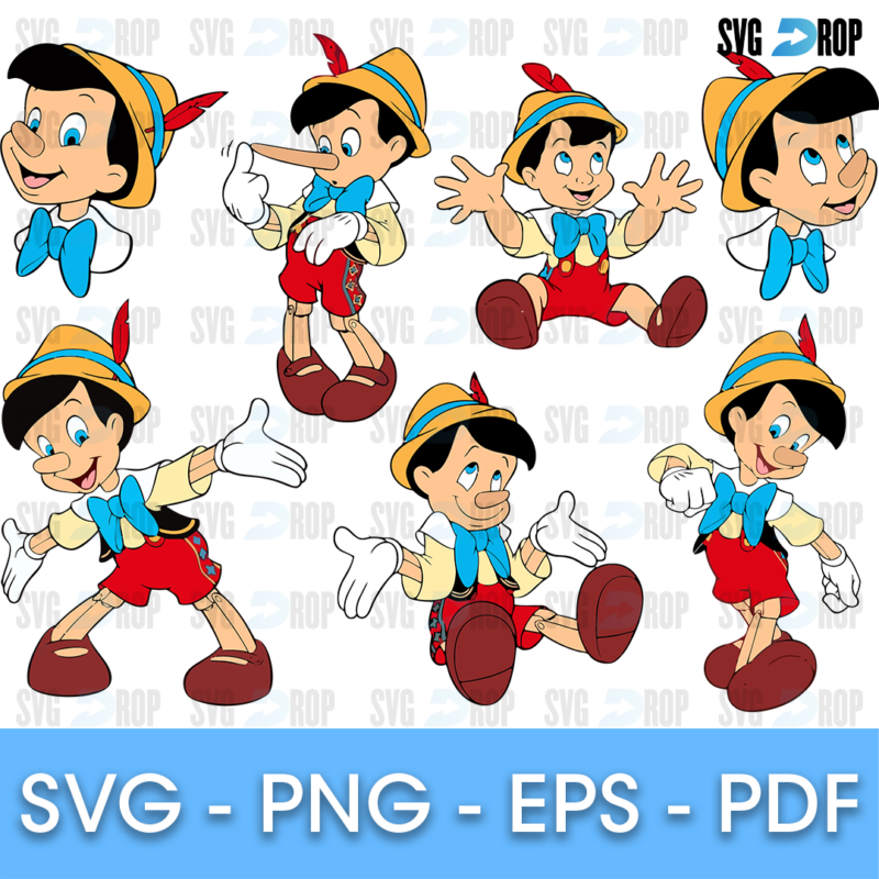 A Pinocchio set in full color: the wooden boy in his red shorts, yellow hat and blue bow, waving, dancing, sitting and with his long nose. SVG bundle