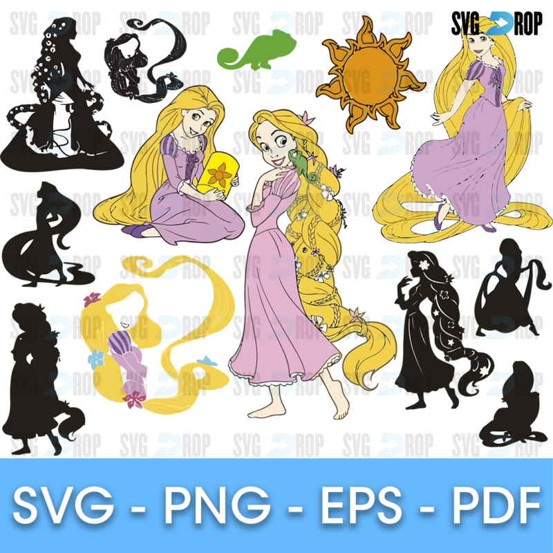 A Rapunzel collection: full color Rapunzel with her long golden hair, Pascal the chameleon and the sun emblem, plus black Rapunzel. SVG bundle