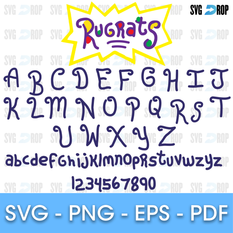 A Rugrats style alphabet in purple, wobbly hand drawn capitals with lowercase letters and numbers, shown under the colorful. Font SVG cut file
