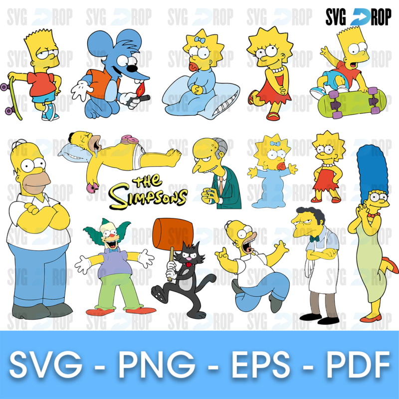 A full color Simpsons bundle: Homer, Marge, Bart on a skateboard, Lisa, Maggie, Mr. Burns, Moe, Krusty, Itchy and Scratchy. SVG bundle