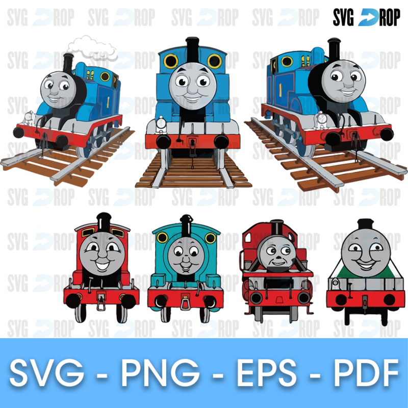 A sheet of full color Thomas the Tank Engine designs: Thomas on the tracks from several angles, with James, Percy and other engines seen. SVG bundle