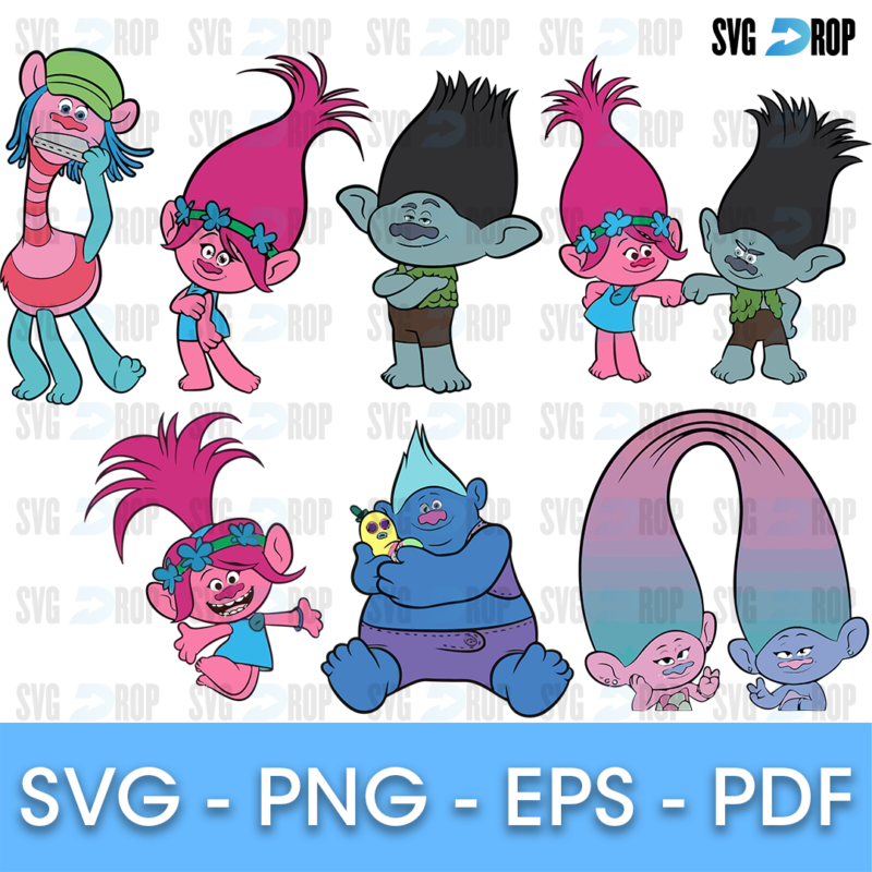A full color Trolls set: Poppy in several poses, Branch standing and with Poppy, Biggie holding his pet worm, Cooper and a long pink hair. SVG bundle