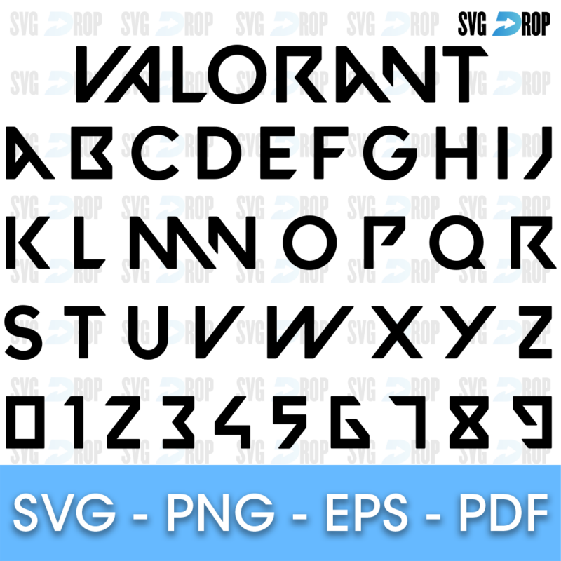 A Valorant style alphabet in angular, geometric black capitals with open strokes and numbers 0 to 9, shown under the Valorant. Font SVG cut file