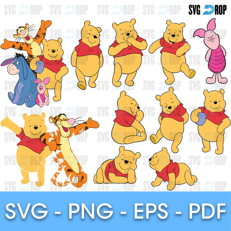 A bundle of full color Winnie the Pooh designs: Pooh standing, sitting and lying in many poses, with Tigger bouncing, Piglet and Eeyore. SVG bundle
