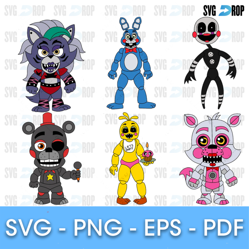 A sheet of full color Five Nights at Freddy’s designs: animatronic characters including a purple wolf, a blue bunny, the Puppet, a black. SVG bundle