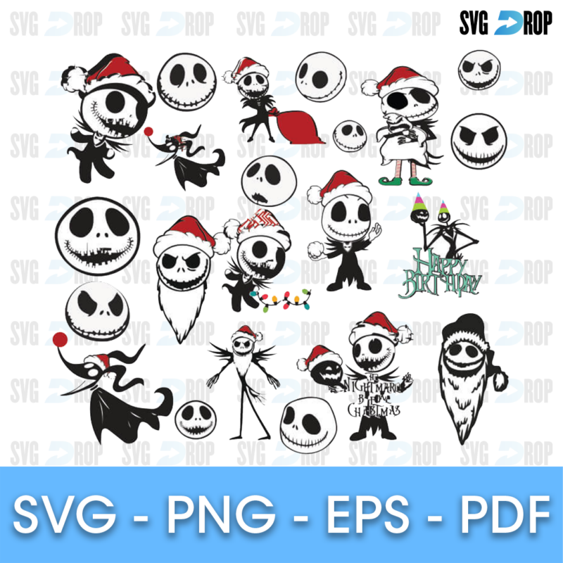 A Christmas themed Nightmare Before Christmas set: Jack Skellington faces and figures in red Santa hats, Santa Jack with a sack, Zero. SVG bundle