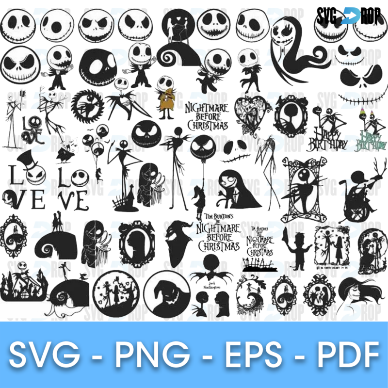 A black silhouette collection from The Nightmare Before Christmas: Jack Skellington faces and poses, Zero, Sally, the spiral hill, LOVE. SVG bundle