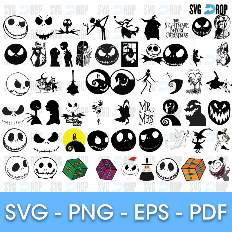 A mostly black silhouette set of Jack Skellington faces, Jack and Sally figures, Mr and Mrs lettering, jack o lantern faces, a yellow. SVG bundle
