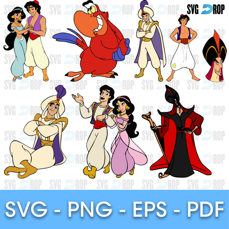 A set of large full color Aladdin character figures: Jasmine in pink, Aladdin, Prince Ali in white, Iago the parrot, the Sultan and Jafar. SVG bundle