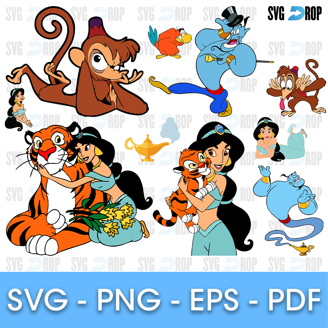 A full color Aladdin collection: Abu the monkey, the Genie in a top hat, Iago the parrot, Rajah the tiger with Princess Jasmine, a magic. SVG bundle