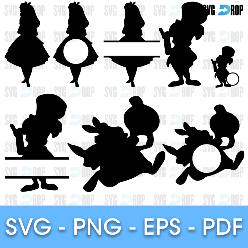 A set of large black Alice in Wonderland silhouettes, several with split name panels: Alice, the Mad Hatter and the White Rabbit. SVG bundle