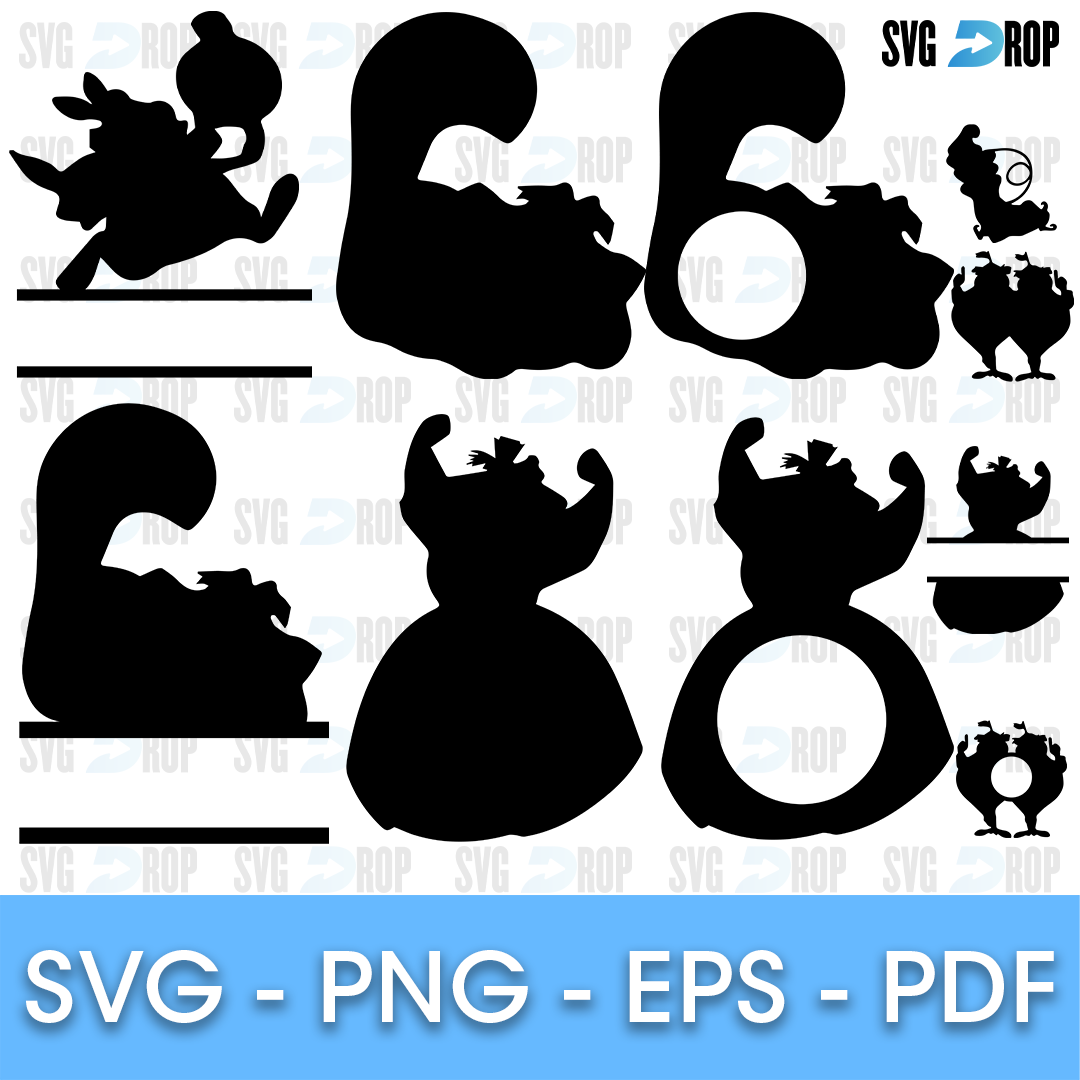 A set of large black Alice in Wonderland silhouettes with split monogram cutouts: the Cheshire Cat, the Queen of Hearts and the White. SVG bundle