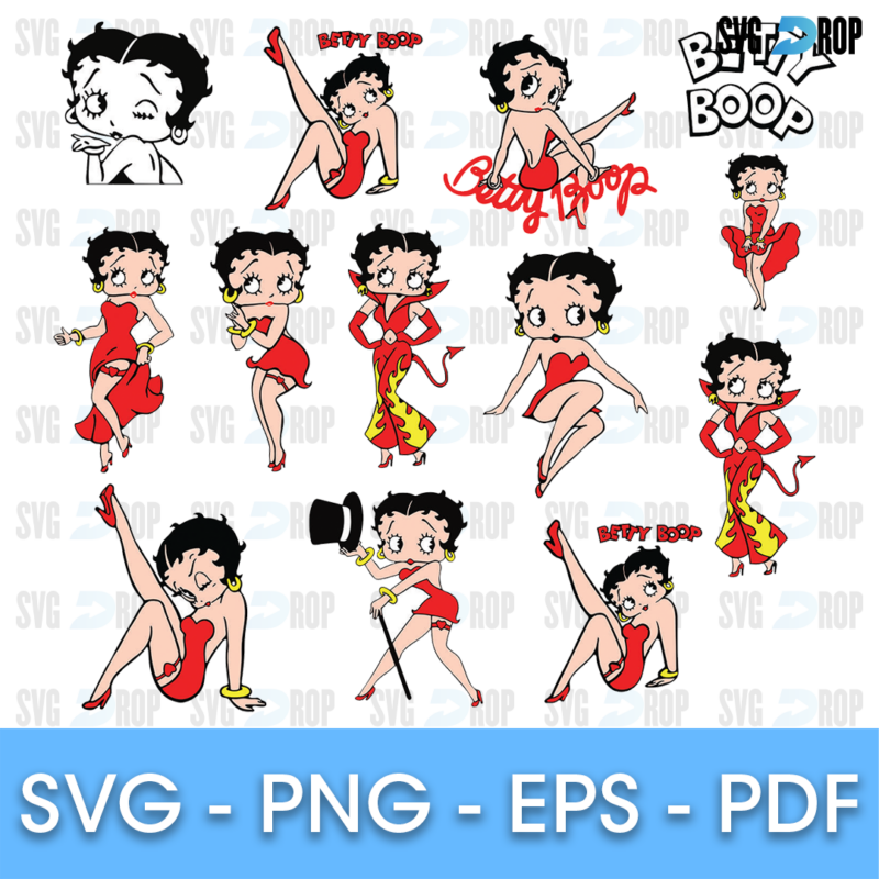 A sheet of full color Betty Boop clipart: Betty in her red dress in many poses, sitting, dancing and waving, with Betty Boop lettering. SVG bundle