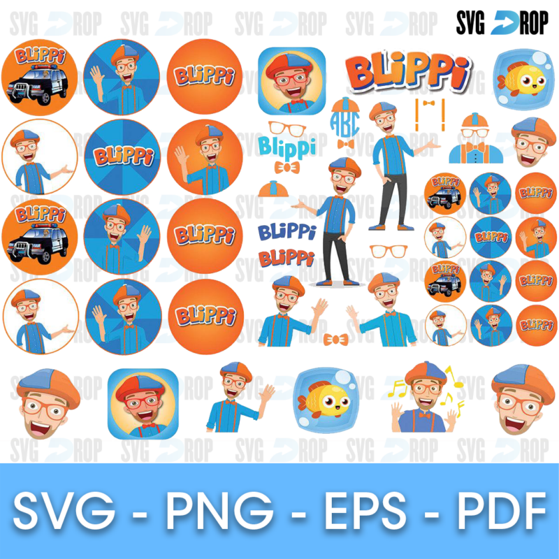 A sheet of round orange and blue Blippi circles with his face and poses, plus a police car, a goldfish, Blippi logos and small standing. SVG bundle