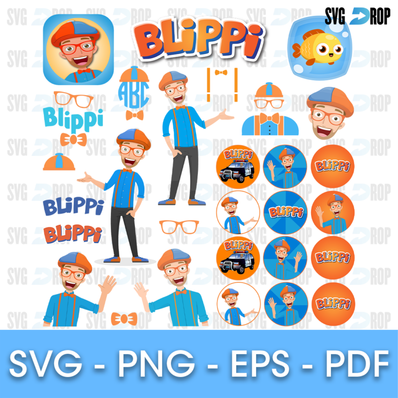 A sheet of full color Blippi clipart: the app icon, Blippi logos, a goldfish, an ABC monogram, glasses, bow ties, a police car. SVG bundle