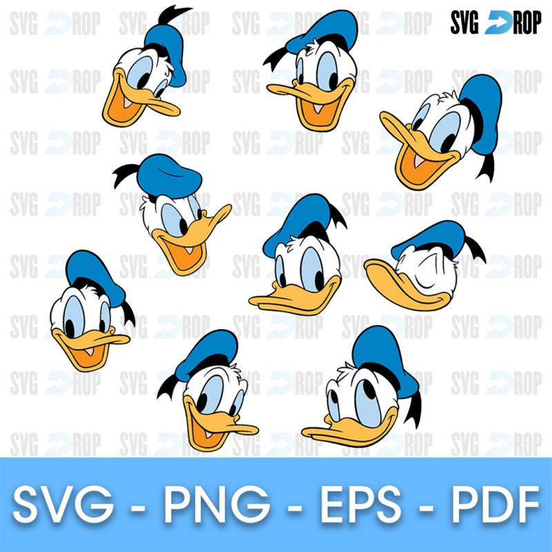 A sheet of Donald Duck head designs in full color with his blue sailor hat, showing smiling, laughing, winking, grumpy and surprised. SVG bundle