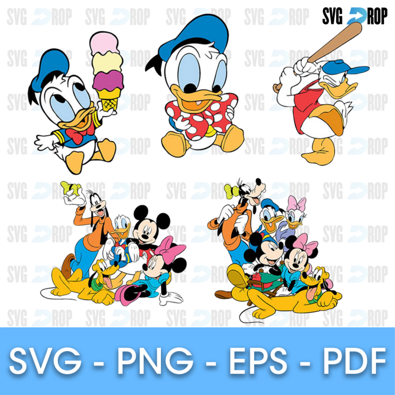 A sheet of full color Donald Duck clipart: Donald with an ice cream cone, swinging a baseball bat, and group scenes with Mickey, Minnie. SVG bundle