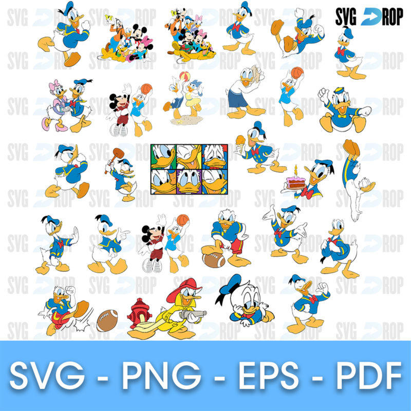 A sheet of full color Donald Duck clipart playing basketball, football and baseball, with Mickey Mouse, Goofy and Daisy Duck in several. SVG bundle