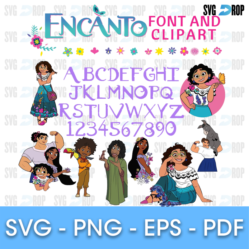 A set of Encanto clipart with a matching alphabet: purple capital letters A to Z and numbers 0 to 9 in the movie’s lettering. Font SVG cut file
