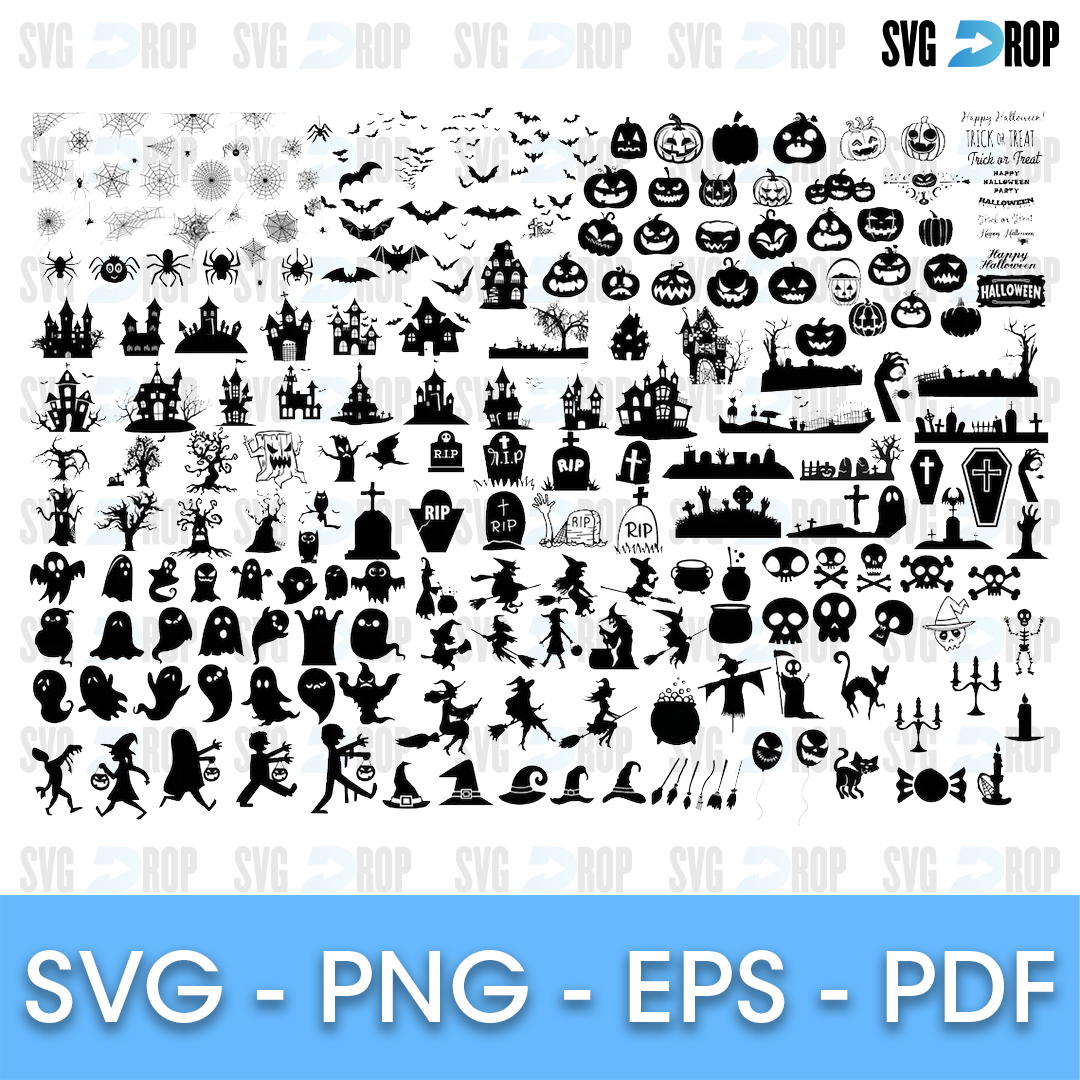 A large set of black Halloween silhouettes: jack o lanterns, bats, ghosts, witches, haunted houses, tombstones, skulls, spider webs. SVG bundle