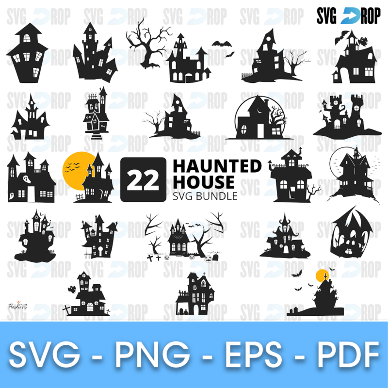 A set of black haunted house silhouettes: spooky mansions with towers, bare trees, full moons, bats and graveyard hills. SVG bundle