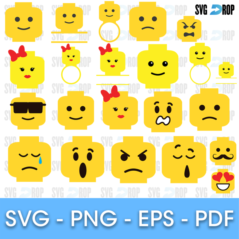 A sheet of yellow Lego minifigure heads with different expressions: smiling, crying, angry, surprised, winking, in sunglasses. SVG bundle