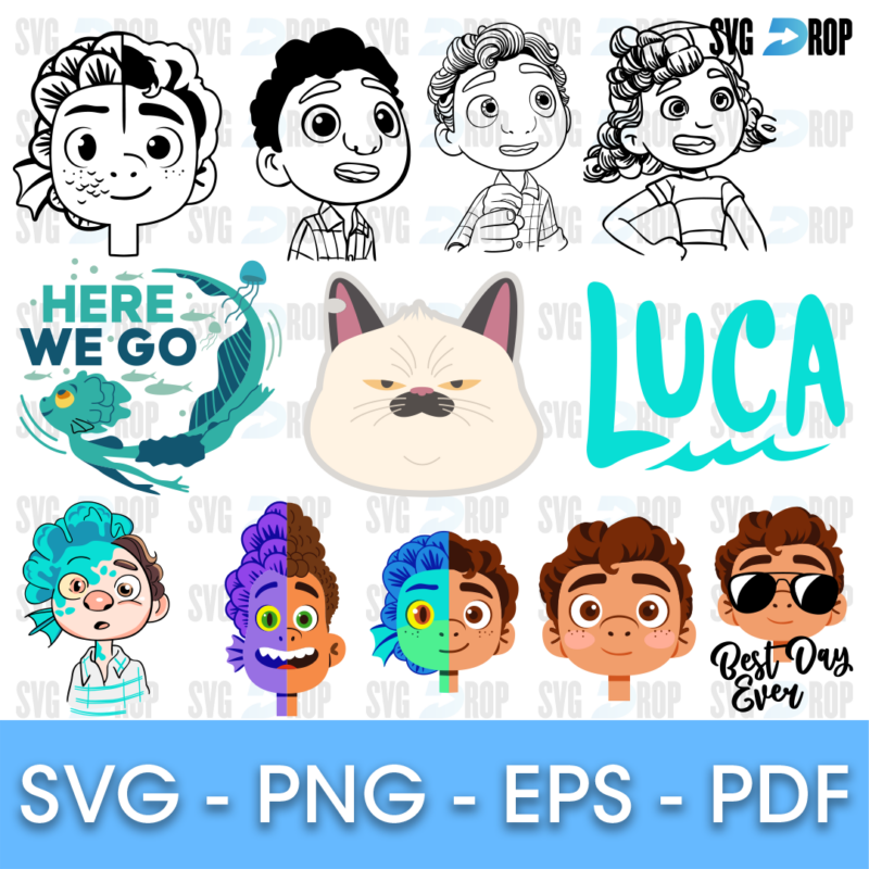 A Luca sheet: sketches of Luca, Alberto and Giulia, Here We Go lettering, the Luca logo, Machiavelli the cat, human and sea monster faces. SVG bundle