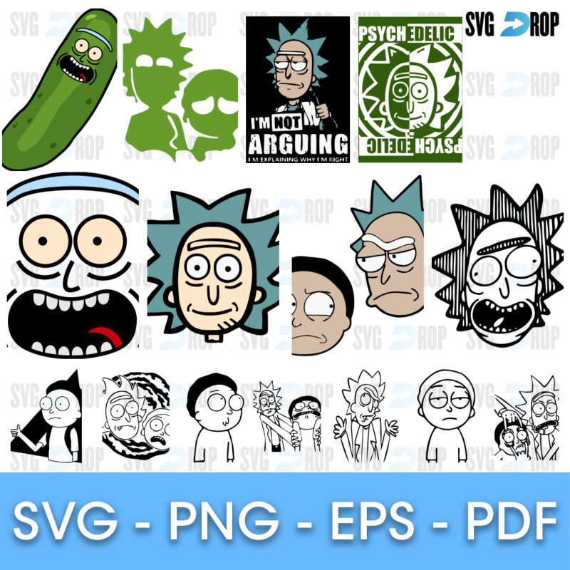 A Rick and Morty face set: large Rick and Morty close ups, green heads, an I’m Not Arguing badge, a Psychedelic poster and black. SVG bundle