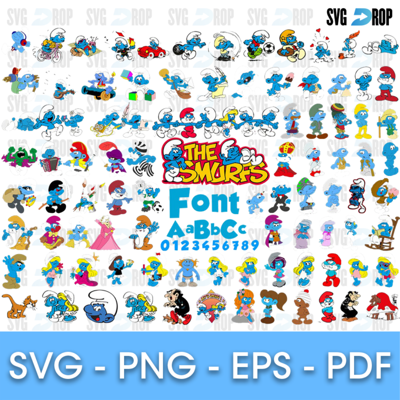 A large full color Smurfs collection with The Smurfs logo, Papa Smurf, Smurfette, Gargamel and a Font sample showing letters. Font SVG cut file