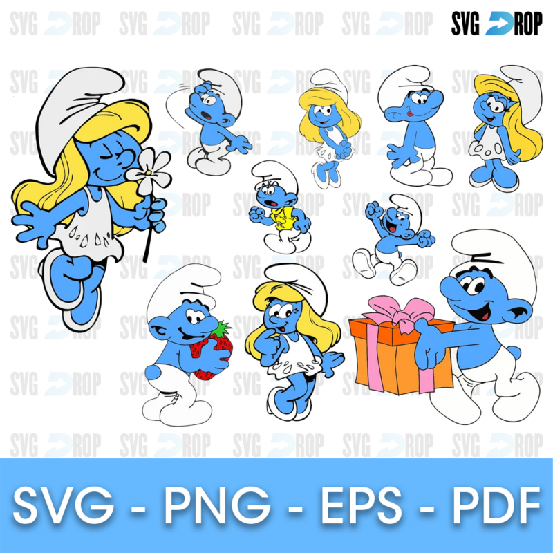 A full color Smurfs set: Smurfette with a flower, Smurfs waving and dancing, a Smurf with a gift box and Smurfette in a yellow dress. SVG bundle