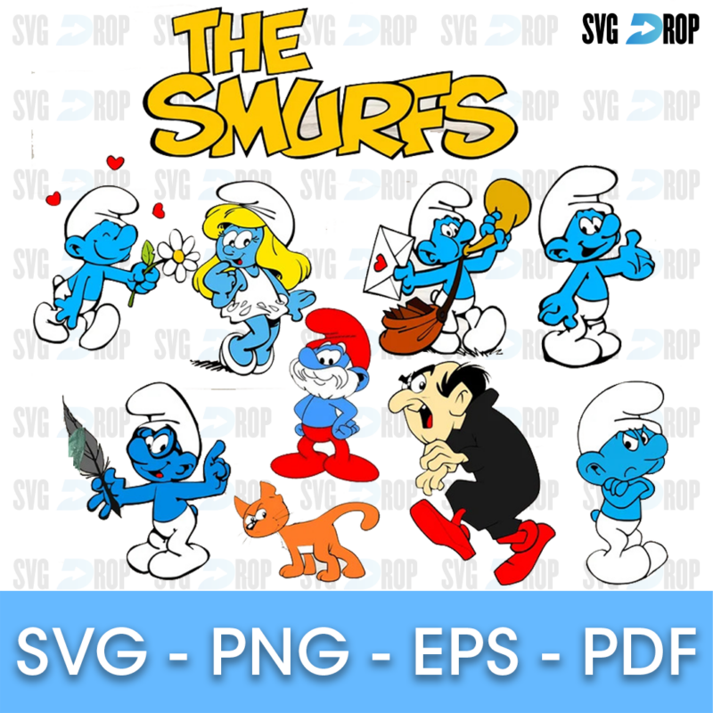 A full color Smurfs set: yellow The Smurfs lettering, Papa Smurf, Smurfette, Smurfs with a letter and a feather, Gargamel and Azrael. SVG bundle