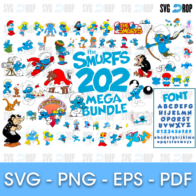 A large Smurfs collage with Smurfs Mega Bundle title lettering, The Smurfs logo, Gargamel, many Smurf poses and a Smurf style alphabet. SVG bundle