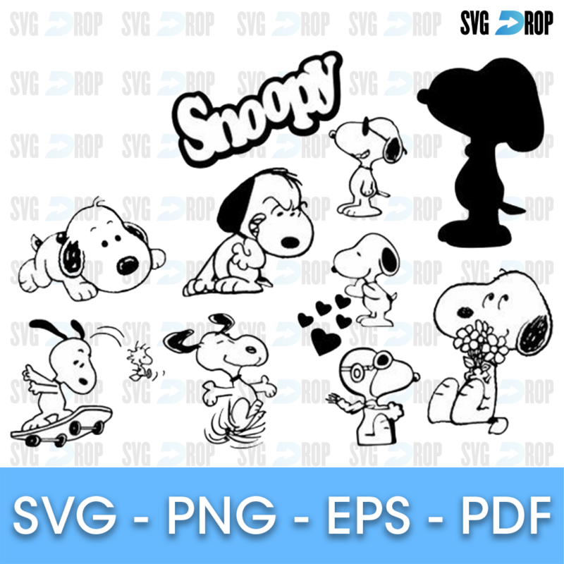 A Snoopy design set in black and white line art: Snoopy sitting, dancing, skateboarding, holding flowers and wearing sunglasses, a solid. SVG bundle