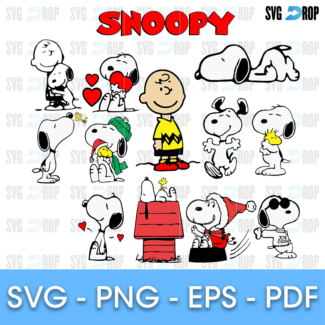 A Peanuts design set in color: Snoopy hugging hearts, Charlie Brown, Woodstock, Snoopy on his red doghouse, in a Santa hat. SVG bundle