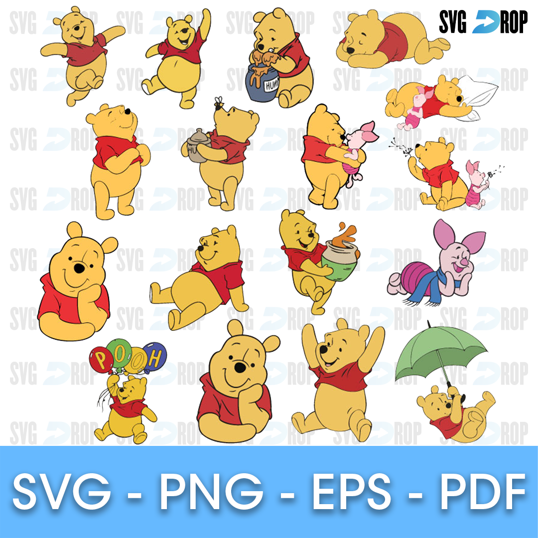 A bundle of full color Winnie the Pooh clipart: Pooh in many poses with honey pots, a bunch of balloons and a green umbrella, plus Piglet. SVG bundle