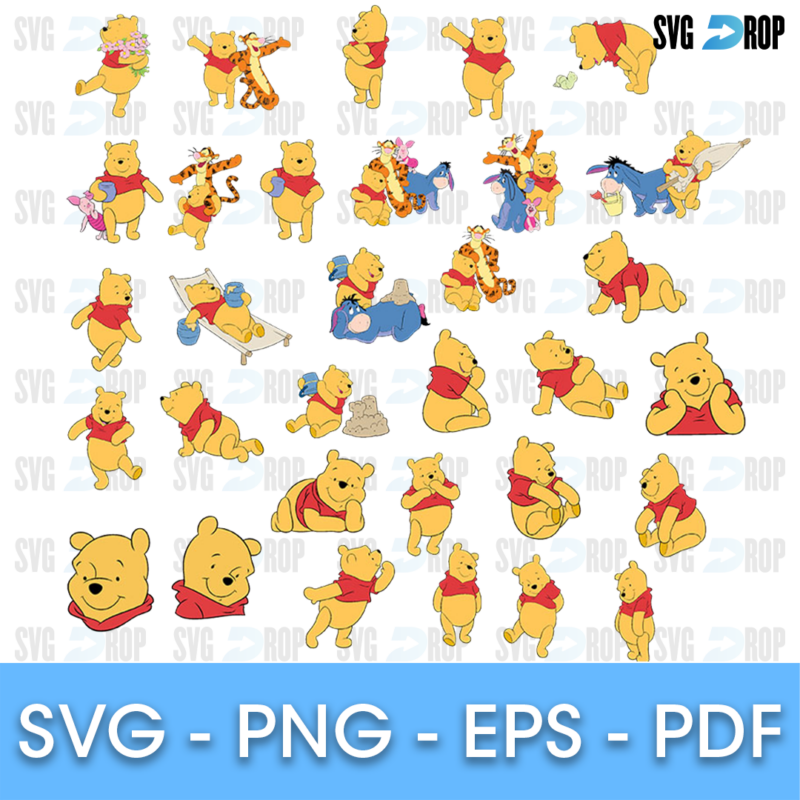 A bundle of small full color Winnie the Pooh clipart: Pooh in many little poses with Tigger, Eeyore, Piglet and Rabbit, sleeping, eating. SVG bundle