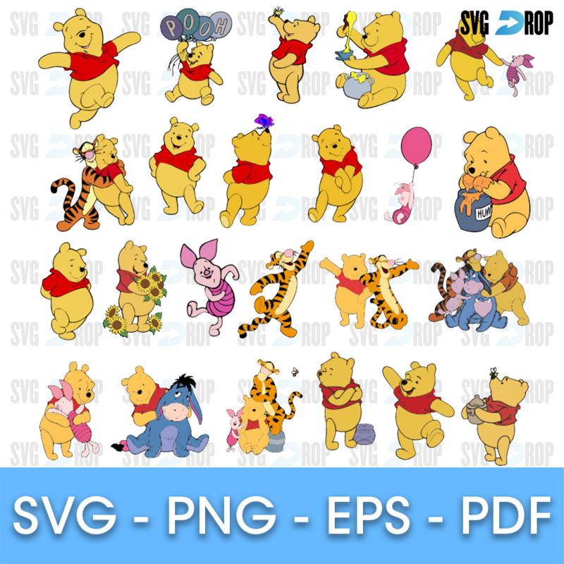 A bundle of full color Winnie the Pooh designs: Pooh with a balloon and sunflowers, Piglet, Eeyore, Tigger and Roo in playful poses. SVG bundle
