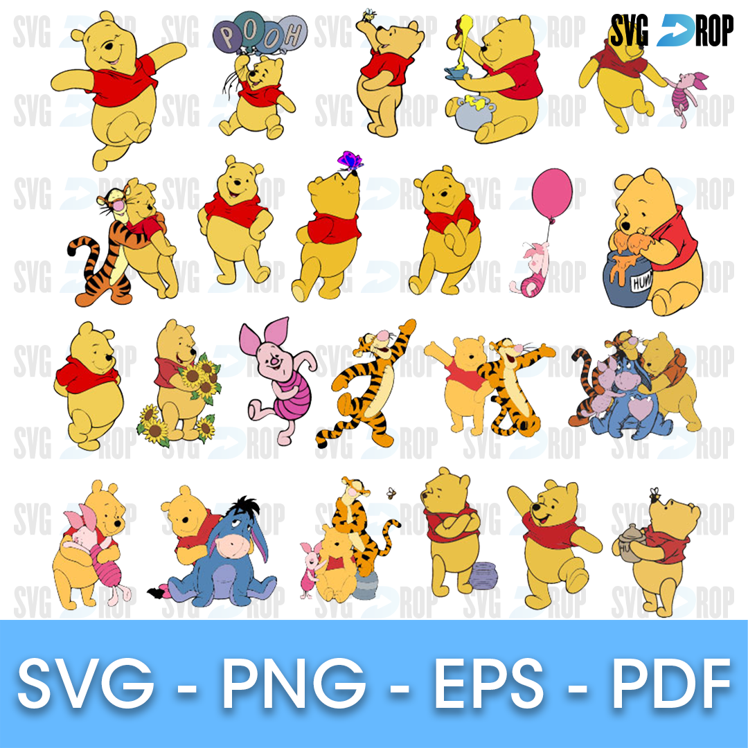 A bundle of full color Winnie the Pooh designs: Pooh with a balloon and sunflowers, Piglet, Eeyore, Tigger and Roo in playful poses. SVG bundle