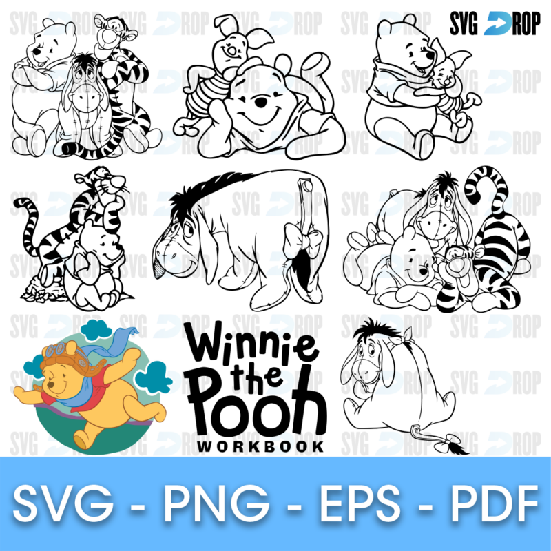 A bundle of Winnie the Pooh line art designs: black outline drawings of Pooh, Piglet, Tigger and Eeyore hugging and resting, a full color. SVG bundle