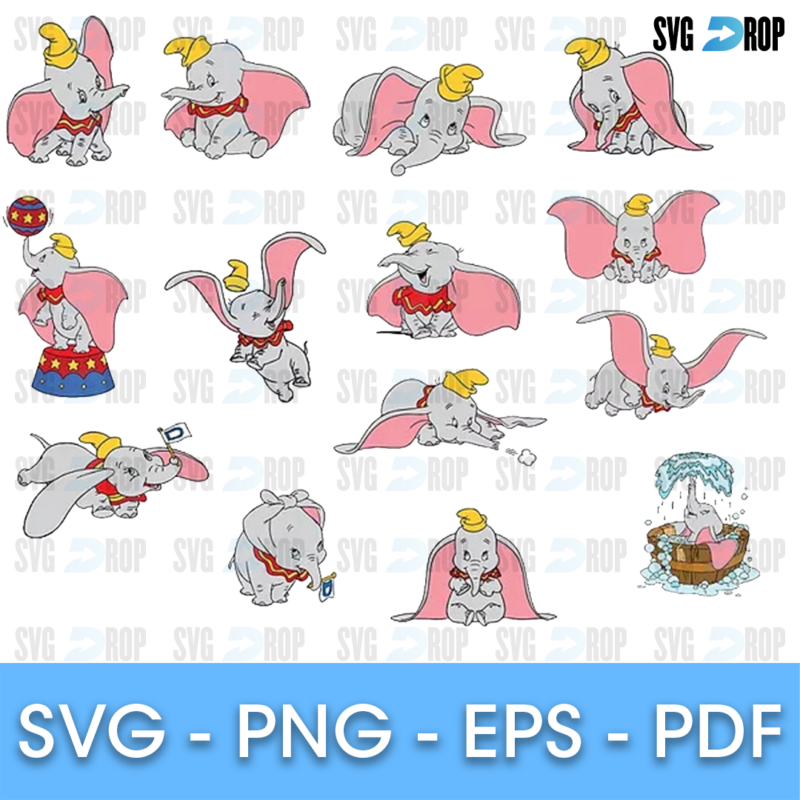 A full color Dumbo design set: the elephant balancing on a circus ball, flying, sleeping, splashing in a bath tub and posing. SVG bundle