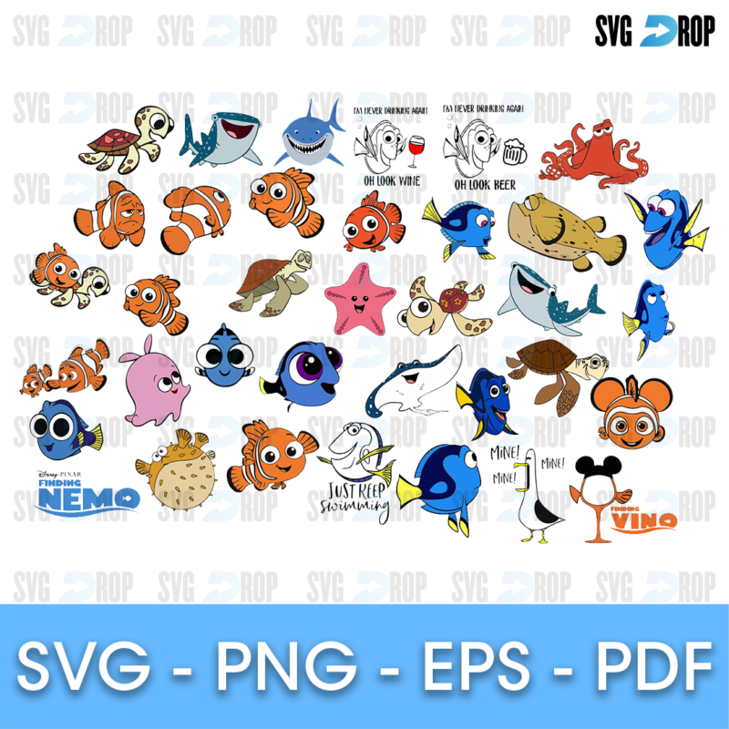 A Finding Nemo collection: Nemo, Dory, Squirt, Bruce, Pearl, seagulls saying Mine, Just Keep Swimming lettering, Mickey ears. SVG bundle