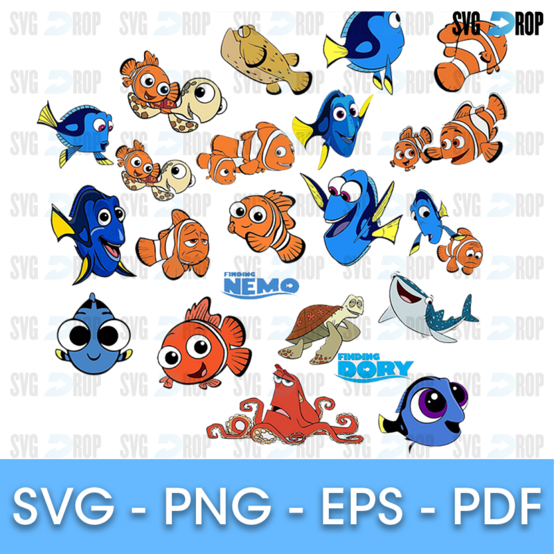 Full color Finding Nemo and Finding Dory designs: Nemo, Dory, Squirt, Hank the octopus, Destiny the whale shark and both movie titles. SVG bundle