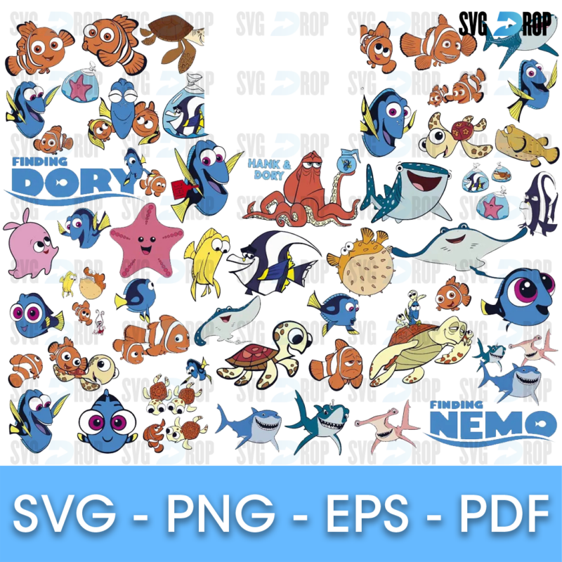 A full color Finding Dory and Finding Nemo collection: Dory, Nemo, Hank the octopus, Destiny, Bailey, sea turtles, a starfish and both. SVG bundle