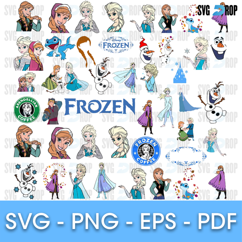 A full color Frozen set: Elsa, Anna, Olaf, Kristoff and Sven in many poses, Frozen logos, coffee logo parodies, Olaf faces and snowflake. SVG bundle