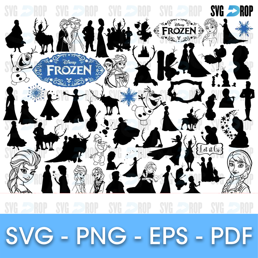 A black silhouette Frozen set: Elsa, Anna, Kristoff, Olaf, Sven and Marshmallow figures, snowflakes, frames and Frozen logos, plus a few. SVG bundle