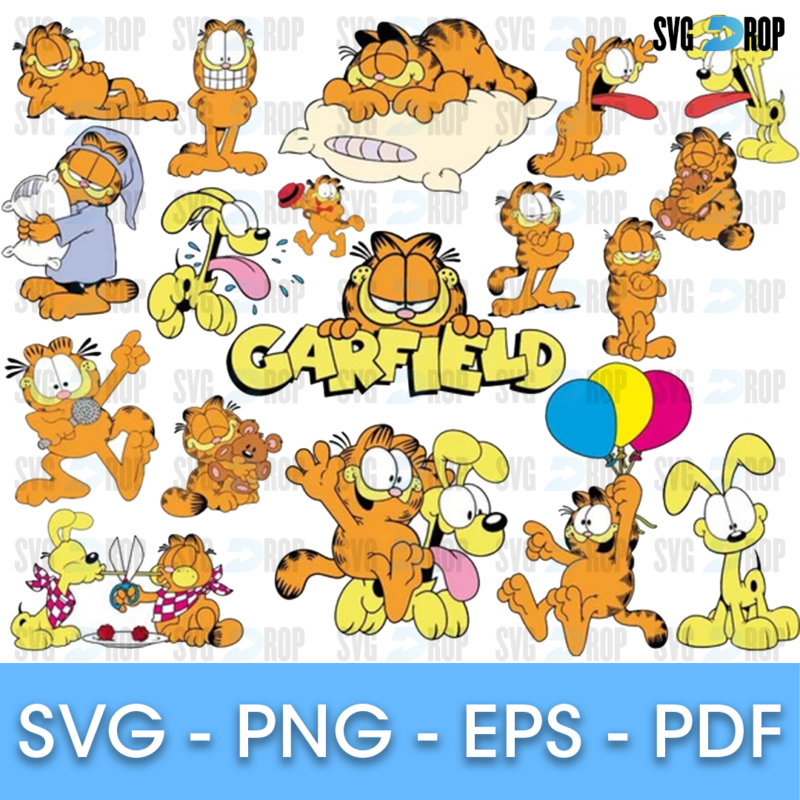 A Garfield mix: Garfield sleeping, in a nightcap and holding balloons, Odie in several poses and yellow Garfield lettering. SVG bundle