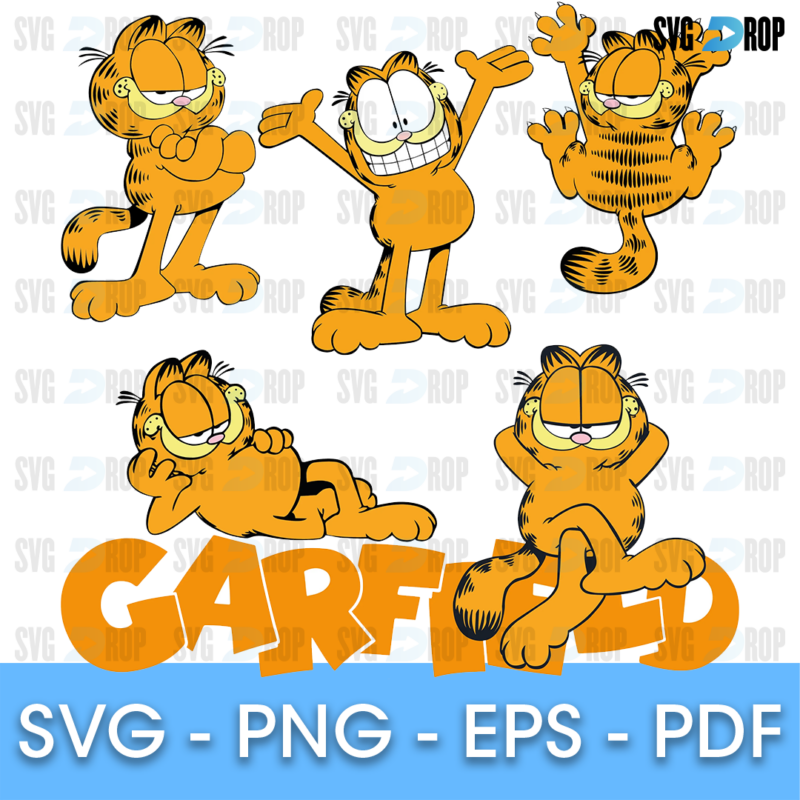 Large full color Garfield designs: Garfield with arms raised, lounging, standing and smiling, above big orange Garfield lettering. SVG bundle